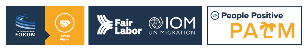 Logos of CGF-Human rights, Fair Labor-IOM, and People positive Palm