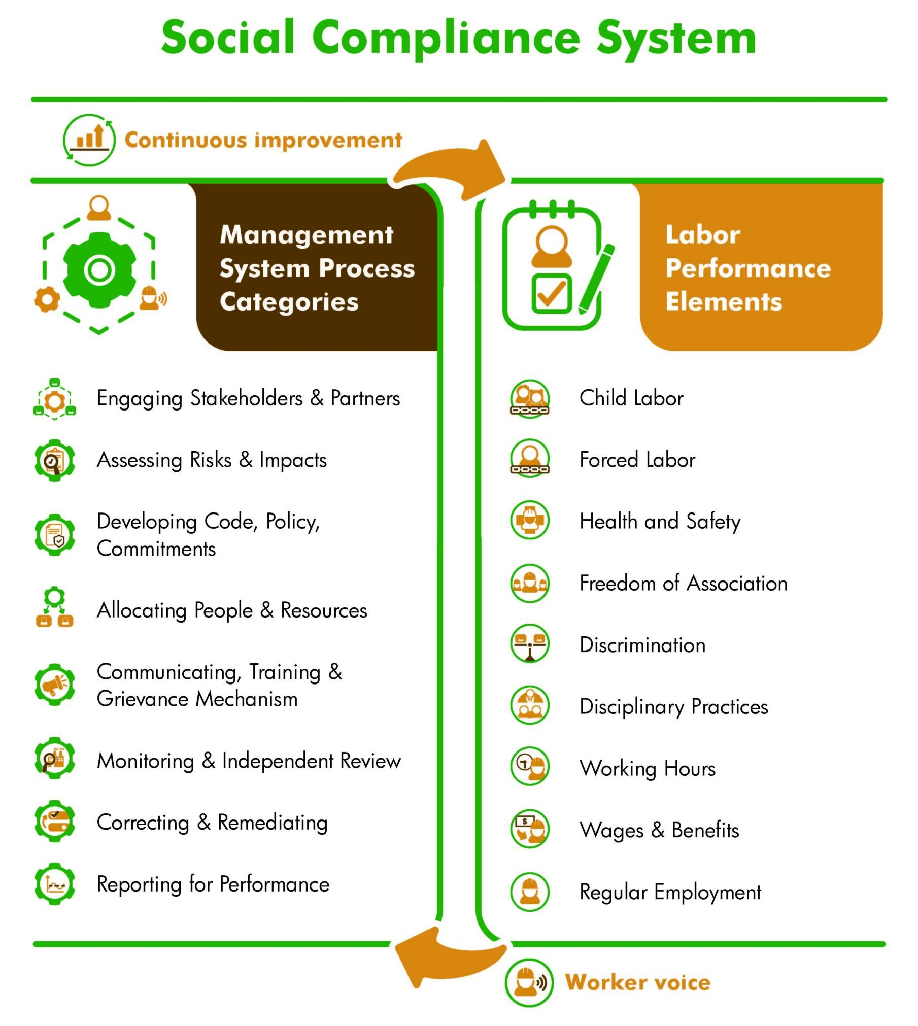 Management System Process Categories: Allocating People & Resources, Assessing Risks & Impacts, Developing Code, Policy and Commitments, Engaging Stakeholders & Partners, Communicating, Training & Grievance Mechanisms, Monitoring & Independent Review, Correcting & Remediating, Reporting for Performance. Labor Performance Elements: Child Labour, Forced Labour, Occupational Health and Safety (OHS), Freedom of Association, Discrimination, Disciplinary Practices, Working Hours, Wages & Benefits, Regular Employment . These two concepts are depicted in a cycle , with the additional concepts of Worker engagement & Dialogue and continual improvement connecting them.